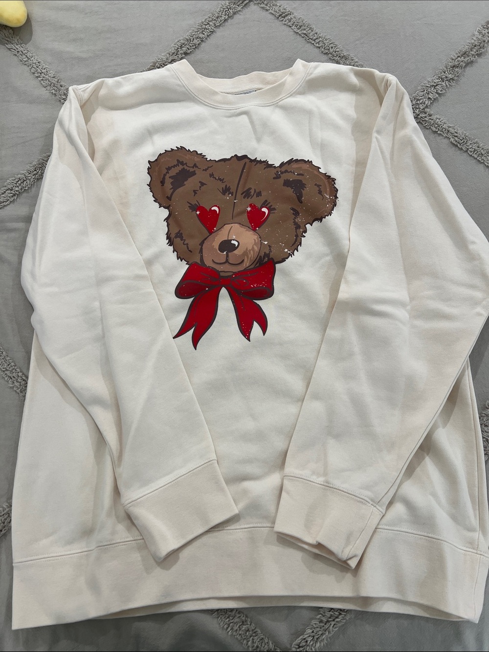 NIB Living Fully Co Cream Teddy Graphic Sweatshirt with Red Bow